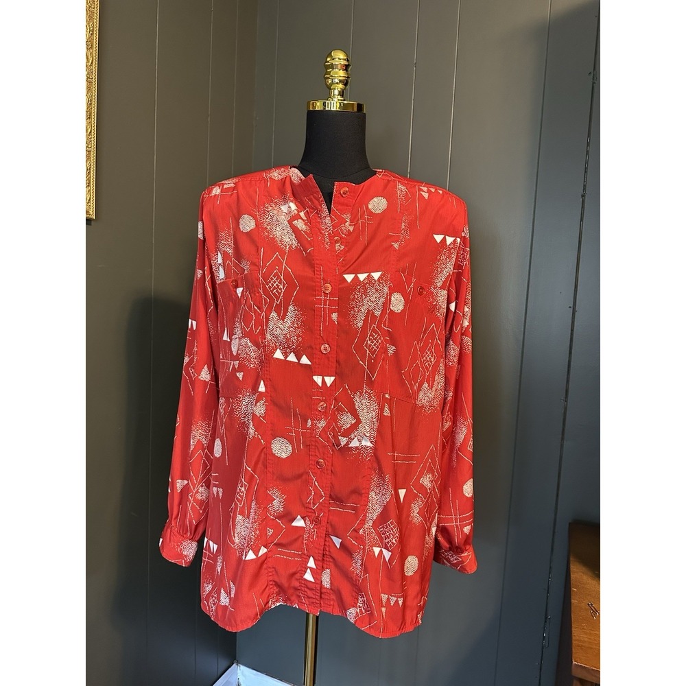 Erena Red Artsy Vintage Long Sleeve Blouse Top Shoulder‎ Pads 10